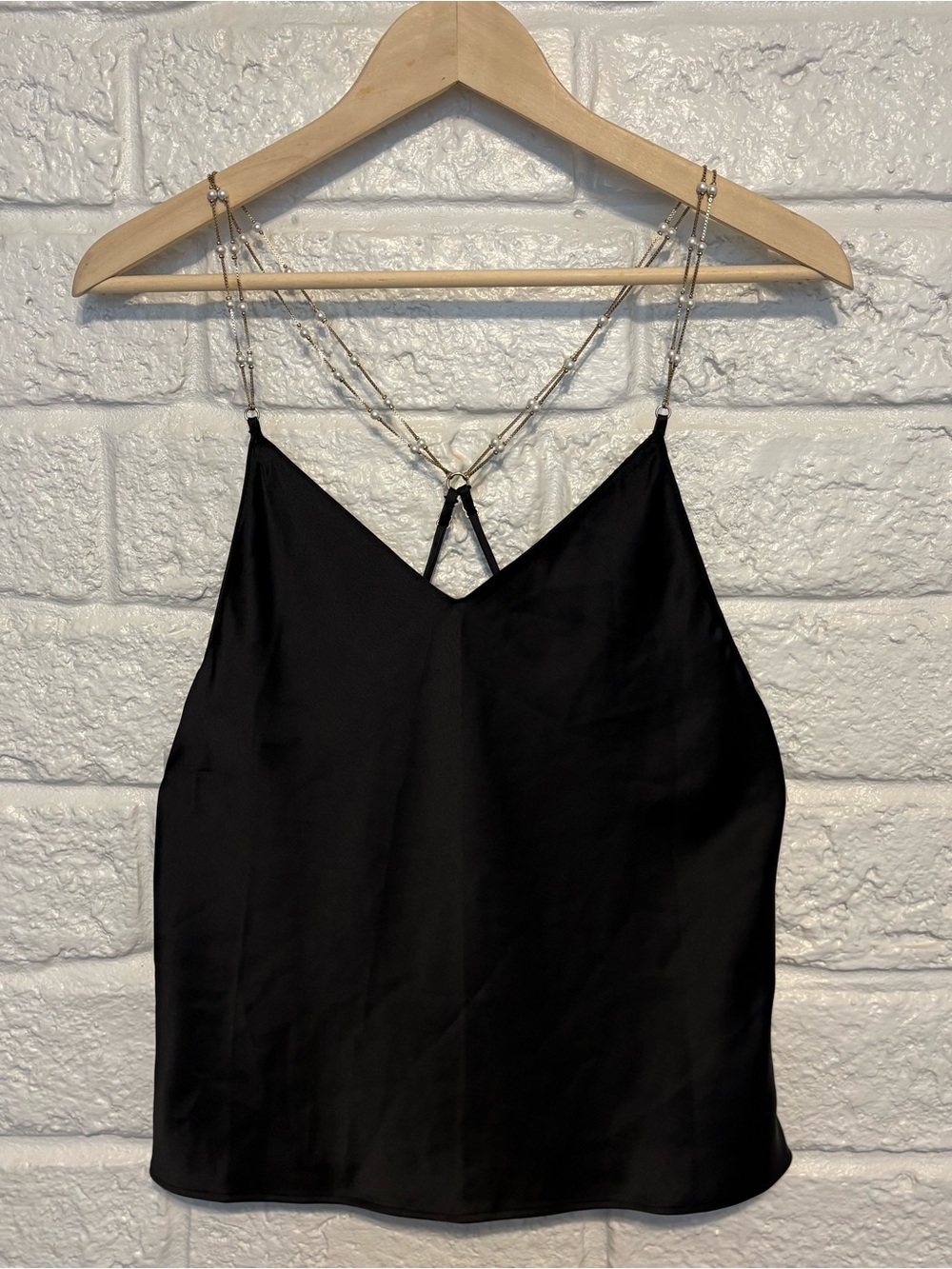 Victorias Secret Black Satin Pearl Beaded Straps V Neck Tank Top Size Small